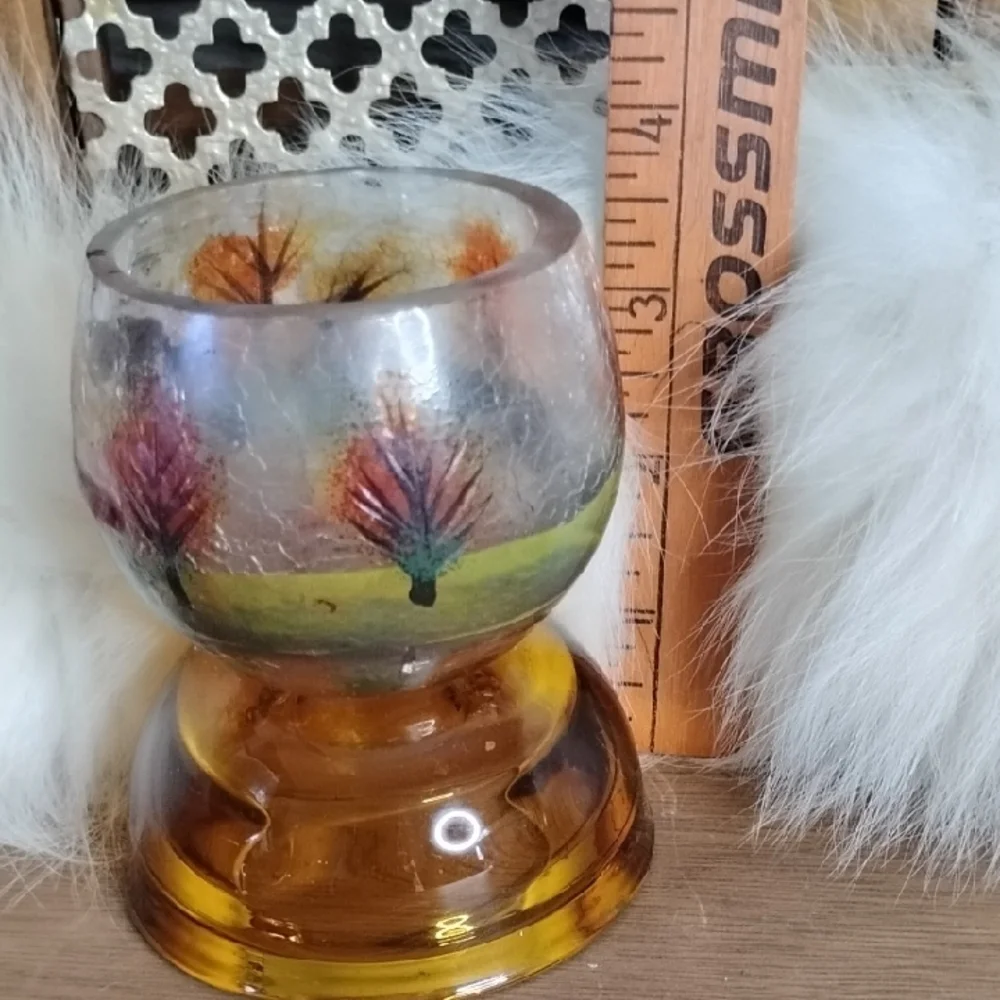 . Vintage Hand Painted Glass Candle Holders - Autumn Country Farmhouse Scene